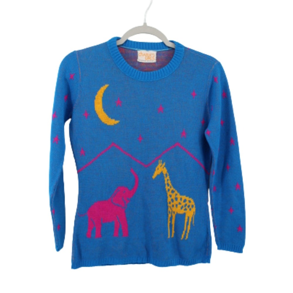 VTG Rare Charlie's Girl  Long-Sleeved Blue Knit Sweater Animal Moon Stars